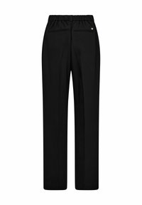 Pantaloni neri con design a gamba dritta, vita elastica e due tasche posteriori con cuciture orizzontali. Tessuto liscio, materiale leggero.
