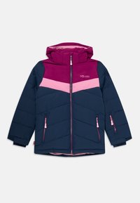 Kinderwinterjas met capuchon in marineblauw, roze en paars, voorzien van een rits aan de voorkant en drie ritsvakjes, met merknaam op de borst.