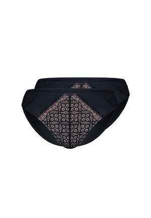 Zwei schwarze Damen-Bikinihöschen mit floralen Spitzen-Frontpaneelen und durchgehend schwarzen Seiten- und Rückenteilen.