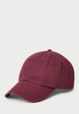 Burgundy cotton baseball cap with a curved visor, embroidered logo on the front, and adjustable strap at the back.