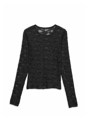 Top nero in pizzo manica lunga con motivo floreale, scollo rotondo e tessuto semi-trasparente, disteso su sfondo bianco.