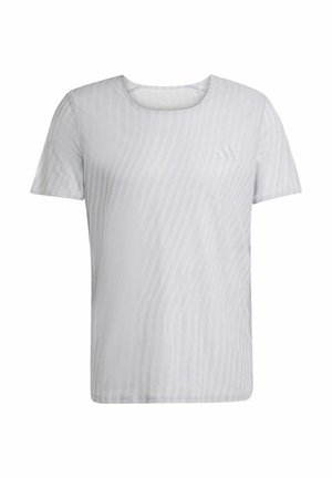 White short-sleeve t-shirt with a subtle striped texture and a crew neckline. Features a small logo on the left chest area.