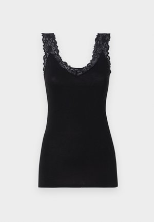 Haut sans manches noir avec un décolleté en V. Présente des bordures en dentelle le long de l'encolure et des épaules. Tissu doux et extensible avec une coupe ajustée.