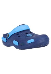 Sabot bleu marine en matériau léger avec des accents bleus, des trous de ventilation et une sangle moulée pour un maintien sécurisé. Semelle texturée pour une bonne adhérence.