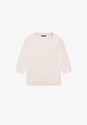 Krémově zbarvený svetr s dlouhými rukávy, kulatým výstřihem a rovně střiženým lemem, zobrazený na plocho.