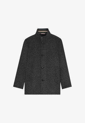 Dunkelgrauer Hemdmantel mit hohem Kragen, langen Ärmeln, zwei Fronttaschen und subtilen Karomuster.