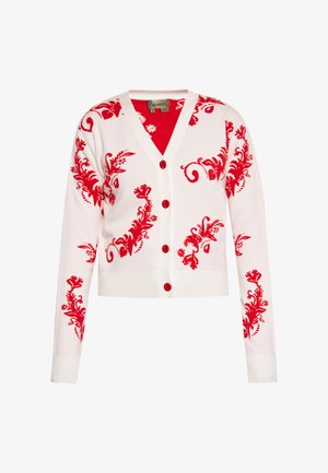 Witte cardigan met rode bloemenborduursels. V-hals ontwerp, lange mouwen en rode knopen. Zachte textuur met een cropped fit.