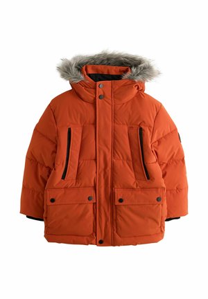 Oranje gewatteerde winterjas met een bontkraag, drukknopen aan de voorkant en vier zakken, twee met ritsen en twee met kleppen.