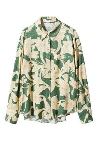 Chemise à manches longues avec un motif floral vert et crème, devant à boutons, texture douce et ourlet arrondi avec une coupe décontractée.