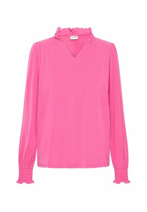 Rožinis ilgomis rankovėmis viršus su raukšlėta apykakle, V formos iškirpte ir sušalusiomis rankovėmis. Pagaminta iš lygaus audinio, turi laisvą siluetą.