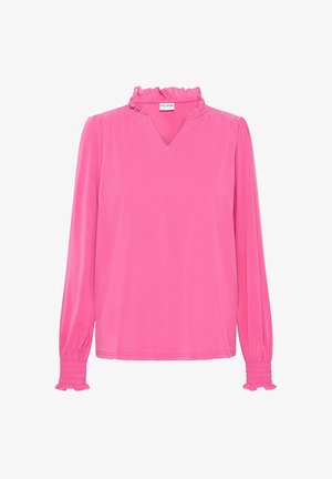 Rožinis ilgomis rankovėmis viršus su raukšlėta apykakle, V formos iškirpte ir sušalusiomis rankovėmis. Pagaminta iš lygaus audinio, turi laisvą siluetą.