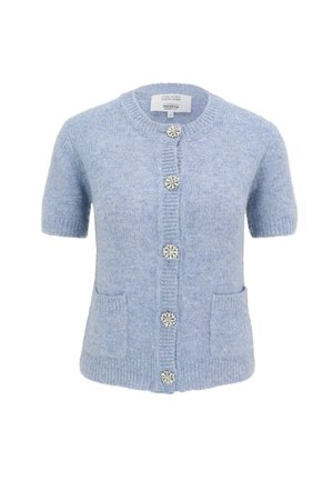 Light blue short-sleeve cardigan with a round neck, two front pockets, and five decorative flower-shaped crystal buttons down the center.