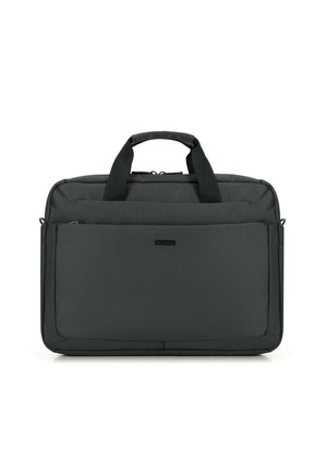 Sac d'ordinateur portable gris en tissu texturé, avec doubles poignées supérieures, une poche zippée à l'avant et des côtés lisses. Présente un logo de marque subtil à l'avant.