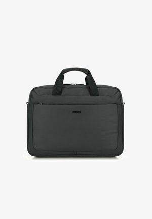 Grijze laptoptas van textuurstof, met dubbele handgrepen bovenaan, een voorzak met rits en gladde zijkanten. Heeft een subtiel merlogo aan de voorkant.