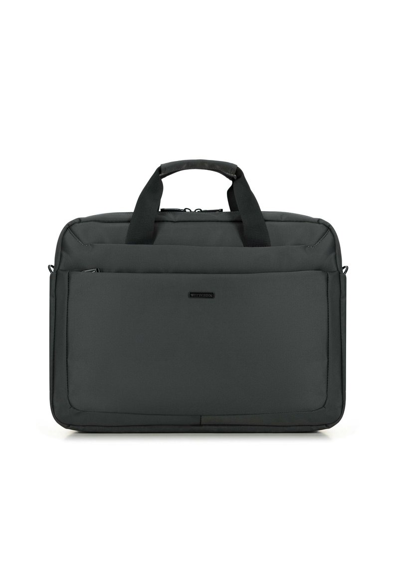 Grau Laptop-Tasche mit strukturiertem Stoff, doppelten oberen Griffen, einer vorderen Reißverschlusstasche und glatten Seiten. Verfügt über ein dezentes Markenlogo auf der Vorderseite.