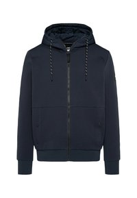 Navy blue hoodie with a zip front, drawstring hood, two large front pockets, and knit cuffs. Smooth fabric with a slightly textured inner lining.