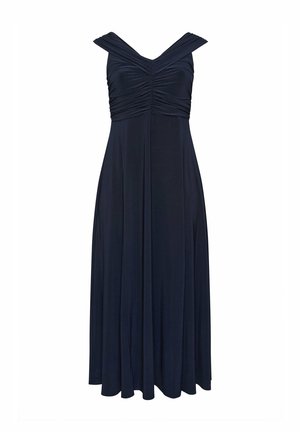 Abito lungo blu navy senza maniche con corpetto arricciato e scollo a V con spalline incrociate.