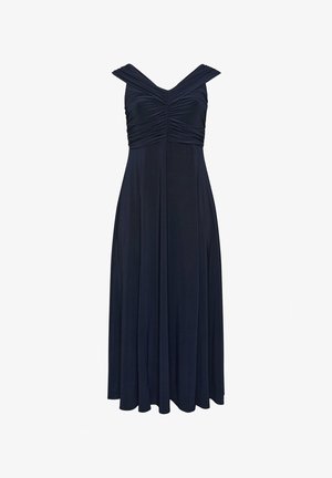 Navy blue sleeveless long dress with ruched bodice and V-shaped neckline with crossed shoulder straps.