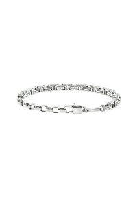 Bracelet en métal argenté avec des maillons rectangulaires entrelacés, présentant une finition polie et une fermeture à clapet sécurisée.