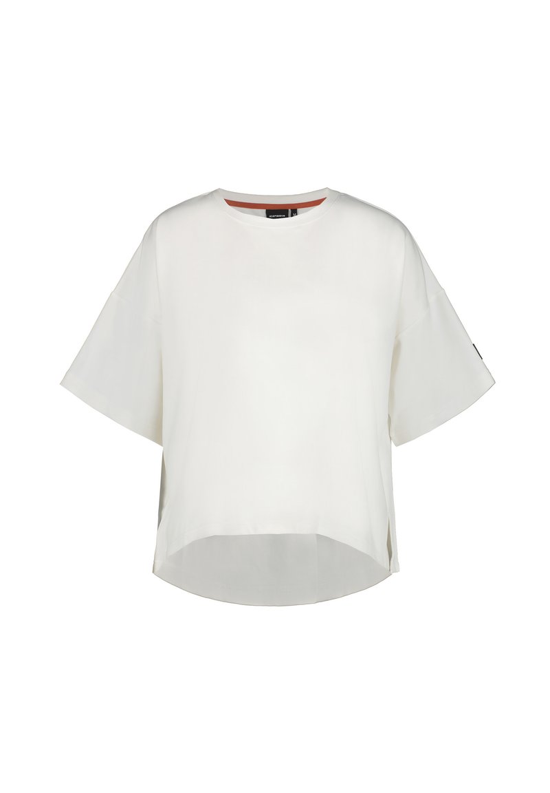 Top bianco a maniche corte con scollatura rotonda, orlo asimmetrico, spacco laterale e texture liscia. Nessun motivo o hardware visibile.
