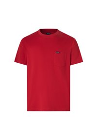 Rode katoenen t-shirt met een klassieke ronde hals, korte mouwen en een zak op de linkerkant van de borst met subtiele stikdetails.