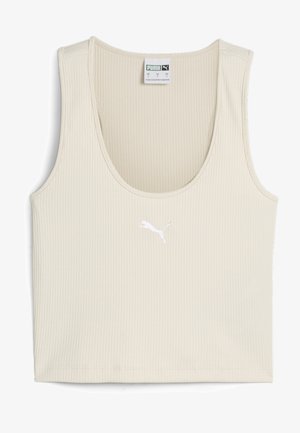 Ribbed tank top in light beige, made of soft fabric. Features a curved neckline and a small white Puma logo on the front.