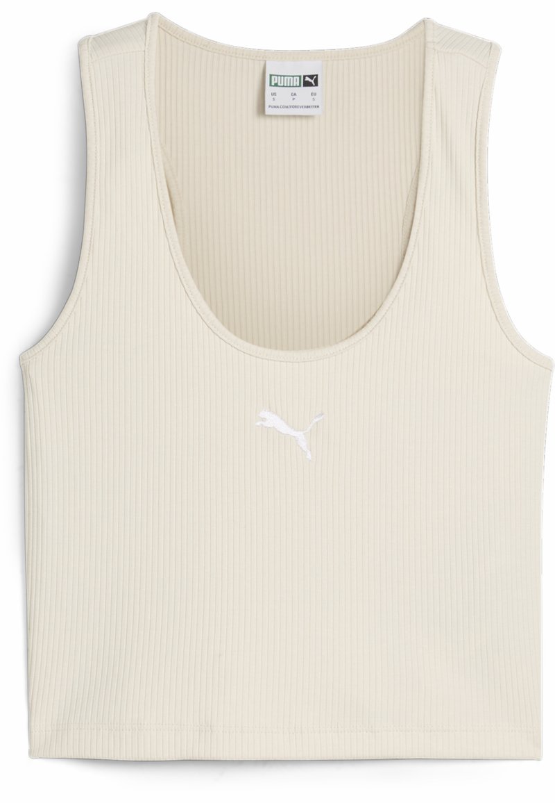 Ribbed tank top w jasnym beżu, wykonany z miękkiego materiału. Posiada zaokrąglony dekolt i małe białe logo Pumy z przodu.