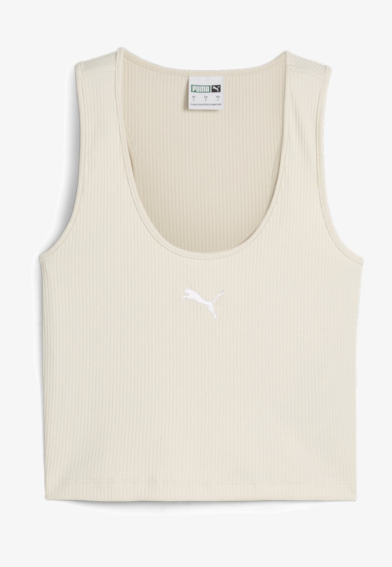 Ribbed tank top in light beige, made of soft fabric. Features a curved neckline and a small white Puma logo on the front.