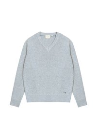 Maglione grigio chiaro lavorato a maglia con scollo a V, trama a coste e maniche lunghe a raglan. Presenta una piccola toppa con il logo all'orlo.
