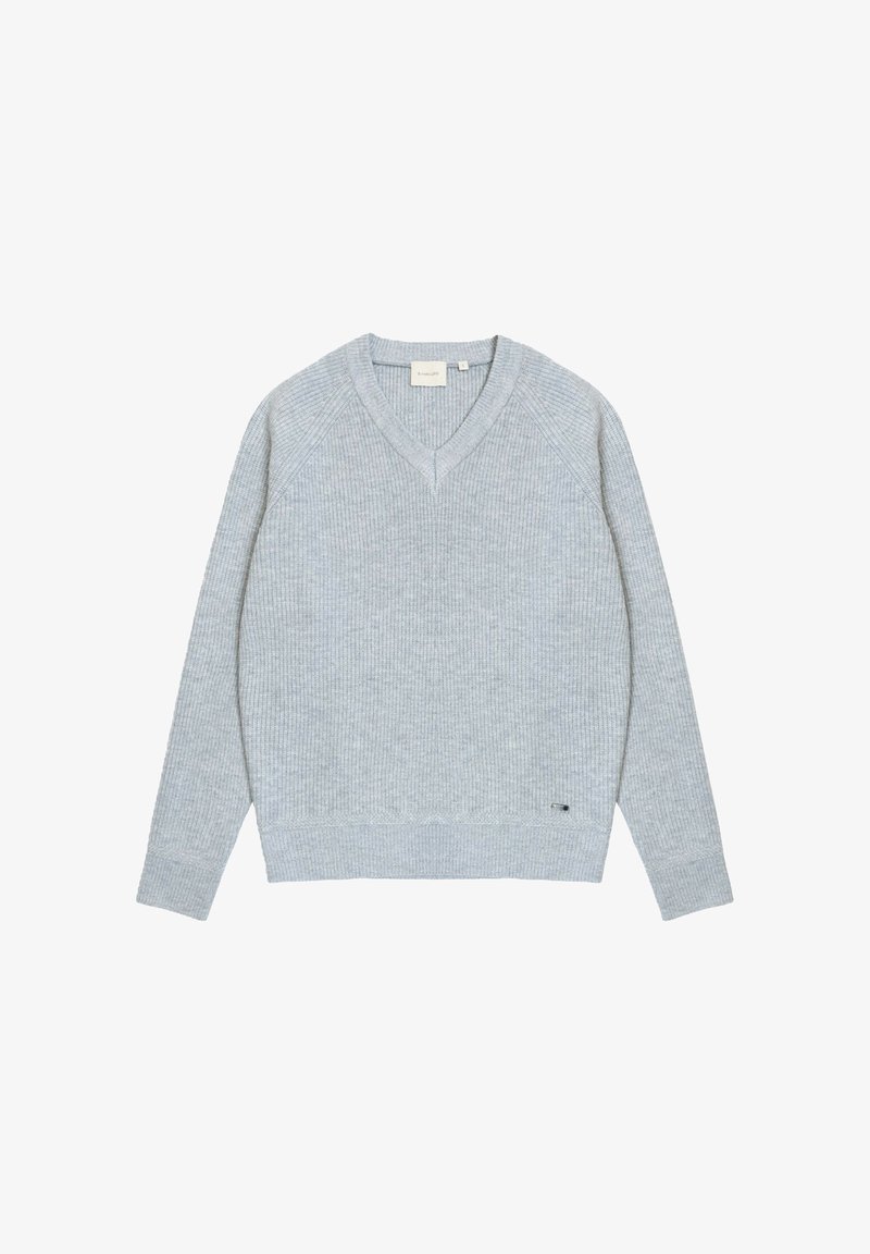 Maglione grigio chiaro lavorato a maglia con scollo a V, trama a coste e maniche lunghe a raglan. Presenta una piccola toppa con il logo all'orlo.