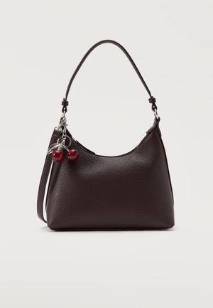 Dark brown textured leather handbag with a single handle and a cherry-shaped red charm attached near the zipper.