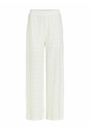 Pantalon blanc à jambes larges avec une ceinture élastiquée et un motif subtil de trous en forme de losange.