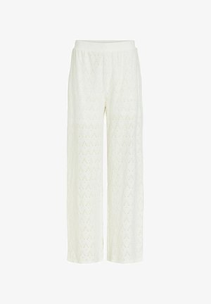 Witte broek met wijde pijpen, een elastische tailleband en een subtiel diamantvormig gaatjespatroon.