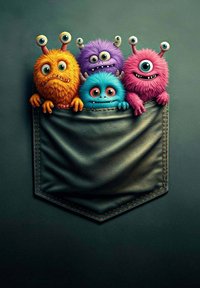 Quatre monstres colorés et poilus dans une poche en cuir sombre. Chacun a des caractéristiques distinctes : orange, bleu, violet et rose, avec différents yeux et textures.