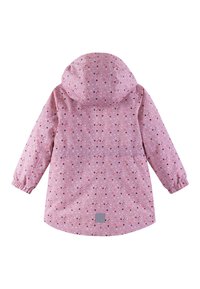 Wasserabweisende pinke Jacke mit Kapuze, die ein Punktmuster in verschiedenen Farben aufweist, elastische Ärmelbündchen und einen kleinen Logopatch am Saum hat.