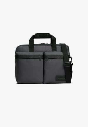 Borsa per laptop rettangolare grigia con doppie tasche anteriori con cerniera, tracolla nera regolabile e due manici con impugnatura con logo impresso.