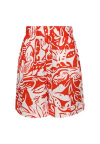 Shorts rouges et blancs avec un motif floral et des feuilles, en tissu léger, dotés d'une taille élastique pour plus de confort.