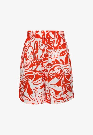 Punaiset ja valkoiset shortsit, joissa on kukkakuosi ja lehtiä, valmistettu kevyestä kankaasta, mukautuva vyötärö elastisella vyötärönauhalla.