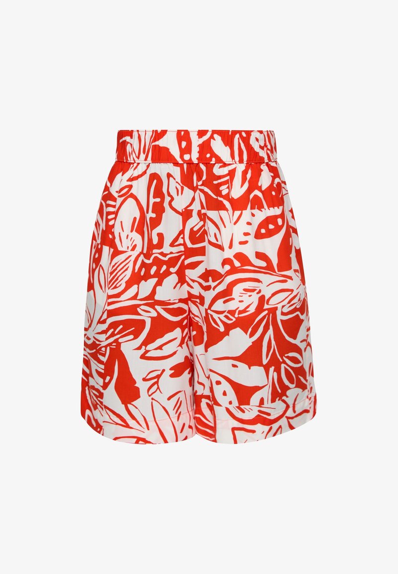 Pantalones cortos rojos y blancos con un patrón floral de hojas, fabricados en tela ligera, con una cinturilla elástica para mayor comodidad.