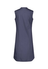 Bezramínkov dresses v tmavě námořnické modři, vyrobené z lehké tkaniny. Má jednoduchý design s rovným střihem a zadním výstřihem.