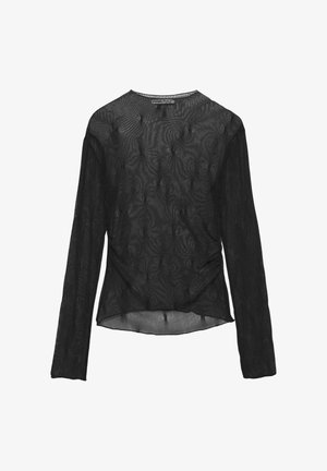 Haut noir à longues manches en tissu transparent et texturé, présentant un motif tourbillonnant et un détail froncé à la taille pour un effet sculptant.