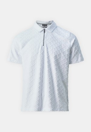 White short-sleeve polo shirt featuring diamond-textured fabric, zippered front, and a classic collar design.