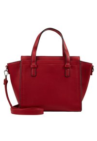Rote Lederhandtasche mit kurzen Griffen und einem abnehmbaren Schultergurt. Sie zeichnet sich durch eine strukturierte Form und kontrastierende Nähte entlang der Kanten aus.