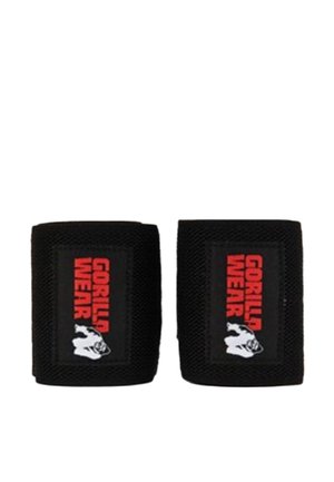 Een paar zwarte polsbanden met rode "Gorilla Wear" tekst en een wit gorillalogo op elk bandje.