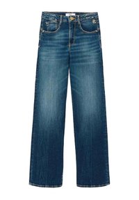 Jean large en denim bleu avec cinq poches, fermeture à bouton, et une légère décoloration sur les cuisses et les genoux.