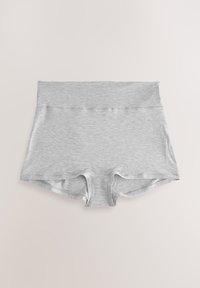 Shorty taille haute sans coutures pour femme, gris clair, en tissu doux et extensible, posé à plat sur une surface claire.