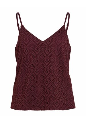 Ærmeløs burgunderfarvet blonde-camisole top med tynde justerbare stropper og geometrisk diamantmønster.