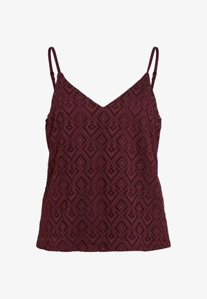 Ærmeløs burgunderfarvet blonde-camisole top med tynde justerbare stropper og geometrisk diamantmønster.