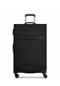 Black suitcase made of durable fabric, featuring a retractable handle, smooth-rolling wheels, and front pocket for easy access.
