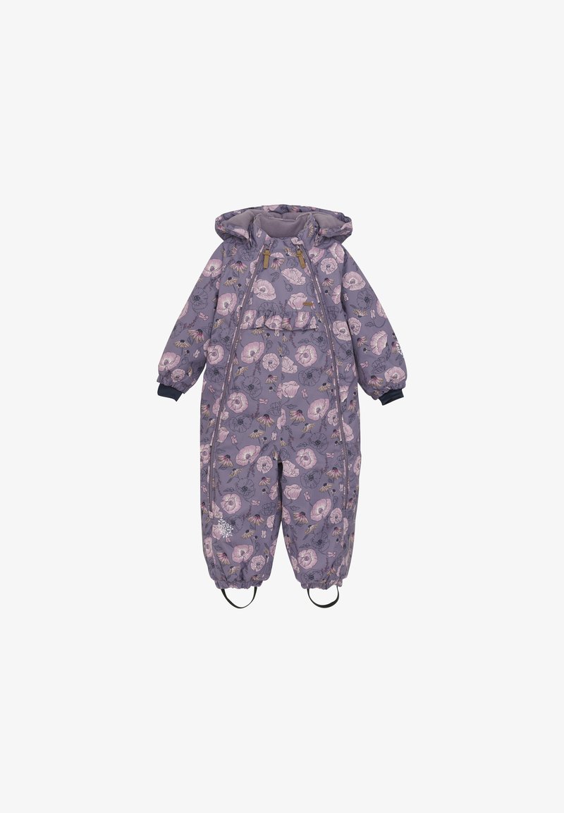 Paarse sneeuwpak met bloemmotief, voorzien van lange mouwen, een capuchon en ritsen. Inclusief elastische manchetten en onderbanden voor de voeten.